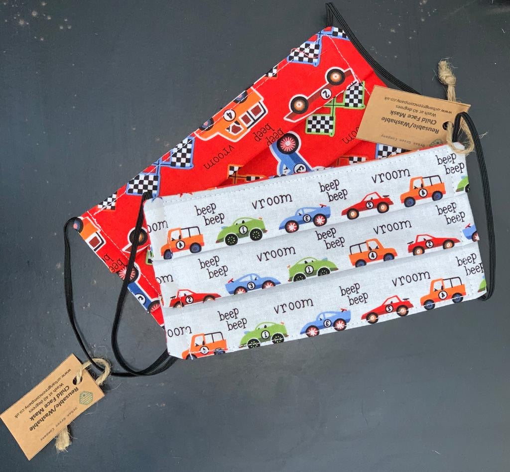 Child Face Mask - Reusable & Washable Red Cars
